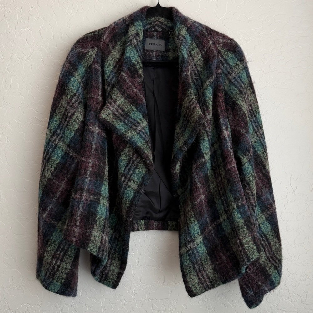 Oska Women’s Wool Alpaca Mohair Blend Open Front Jacket Plaid Green Sz III Large
